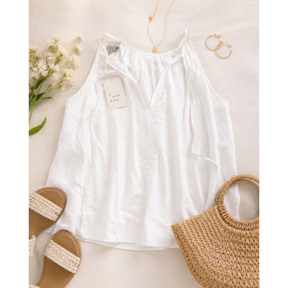A New Day Womens S White Sleeveless Tie Neck Blouse Top NWT